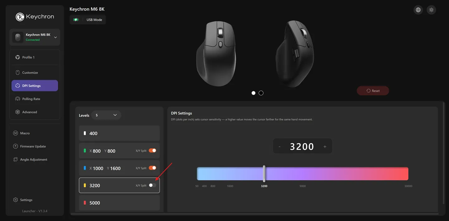 Tela DPI Settings do Keychron Launcher com 5 níveis de DPI