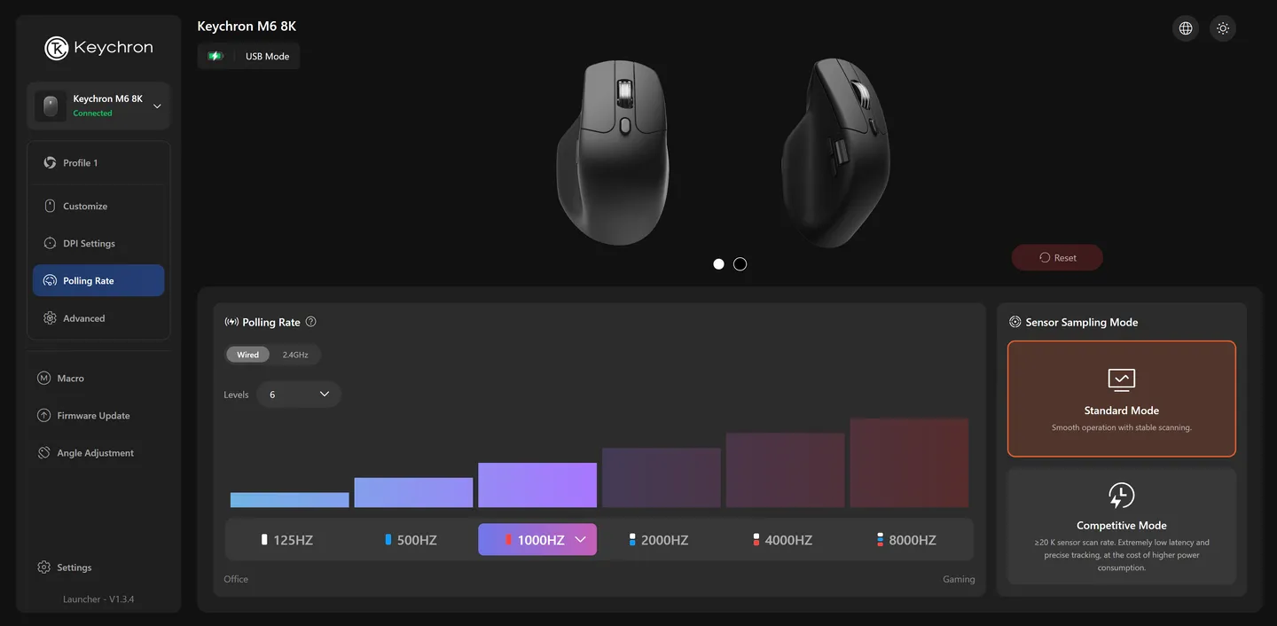 Tela Polling Rate do Keychron Launcher com as taxas de 125 Hz a 8000 Hz