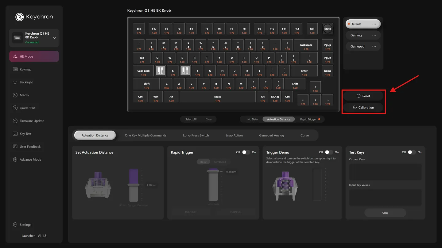 Tela HE Mode do Launcher com os botões Reset e Calibration destacados