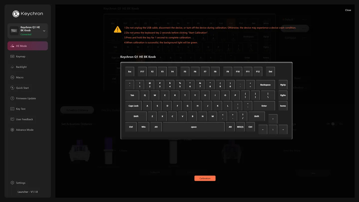 Tela de calibração do Launcher com as instruções e o botão Calibration