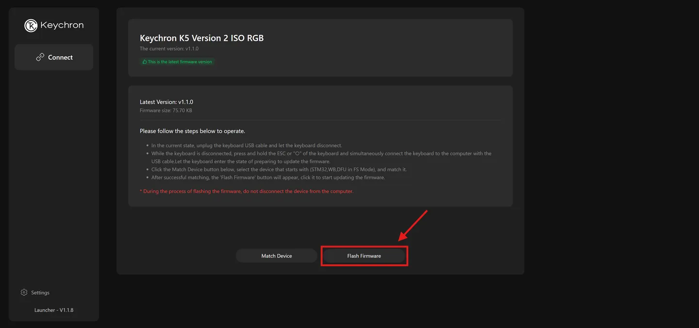 Botão Flash Firmware destacado no Launcher, depois de reconhecer o teclado em modo de atualização