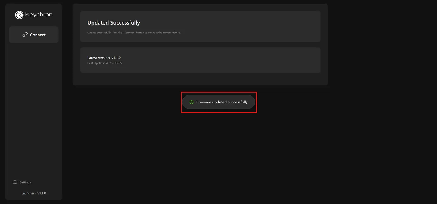 Mensagem de firmware atualizado com sucesso no Launcher
