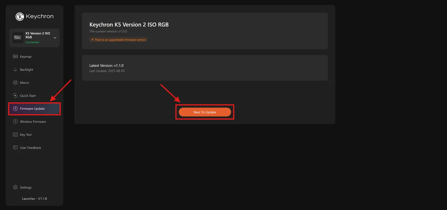 Tela Firmware Update do Launcher, com a versão disponível e o botão para iniciar a atualização