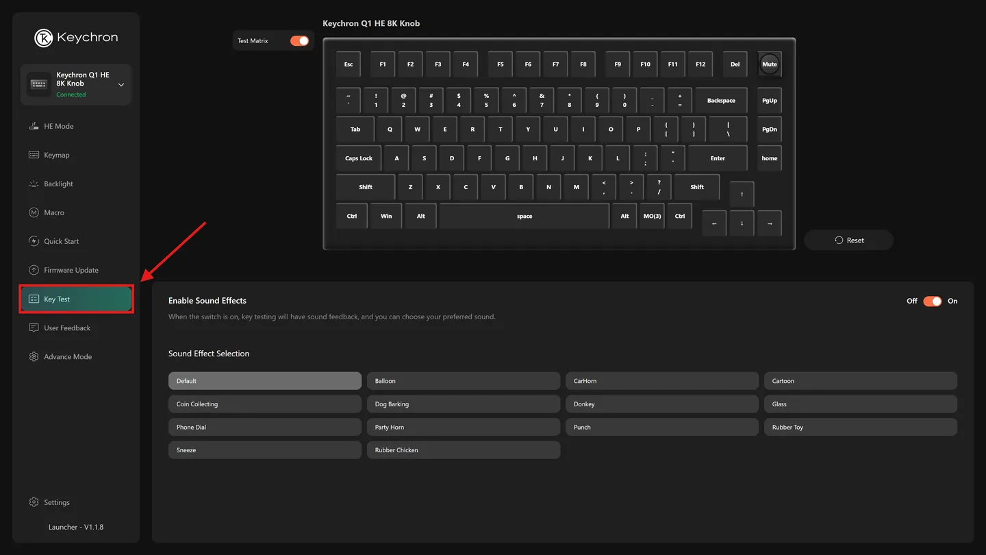 Keychron Launcher com o item Key Test destacado no menu da esquerda
