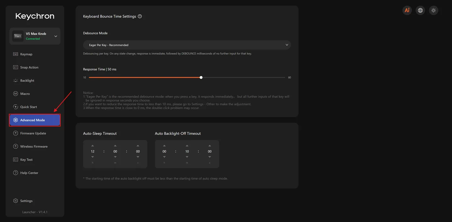 Keychron Launcher com o item Advanced Mode destacado no menu da esquerda