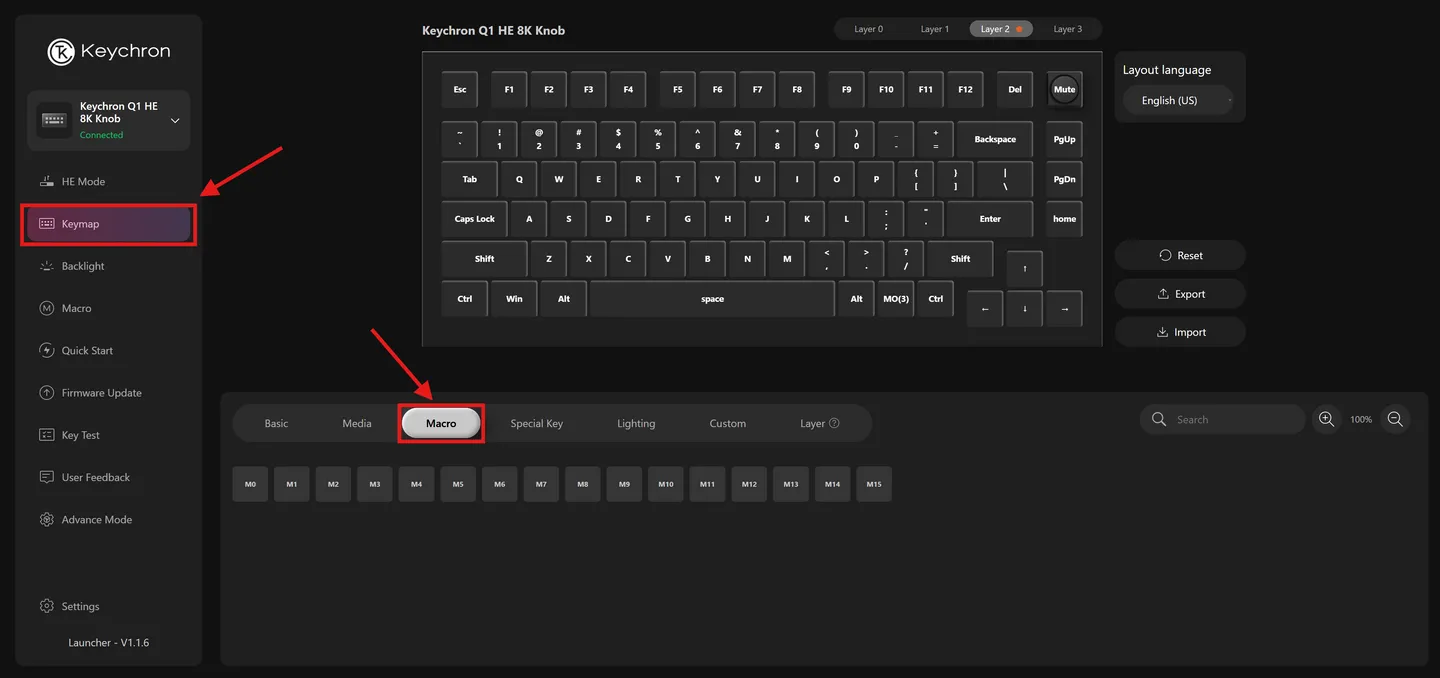 Tela Keymap com a tecla Esc selecionada e a aba Macro aberta mostrando M0