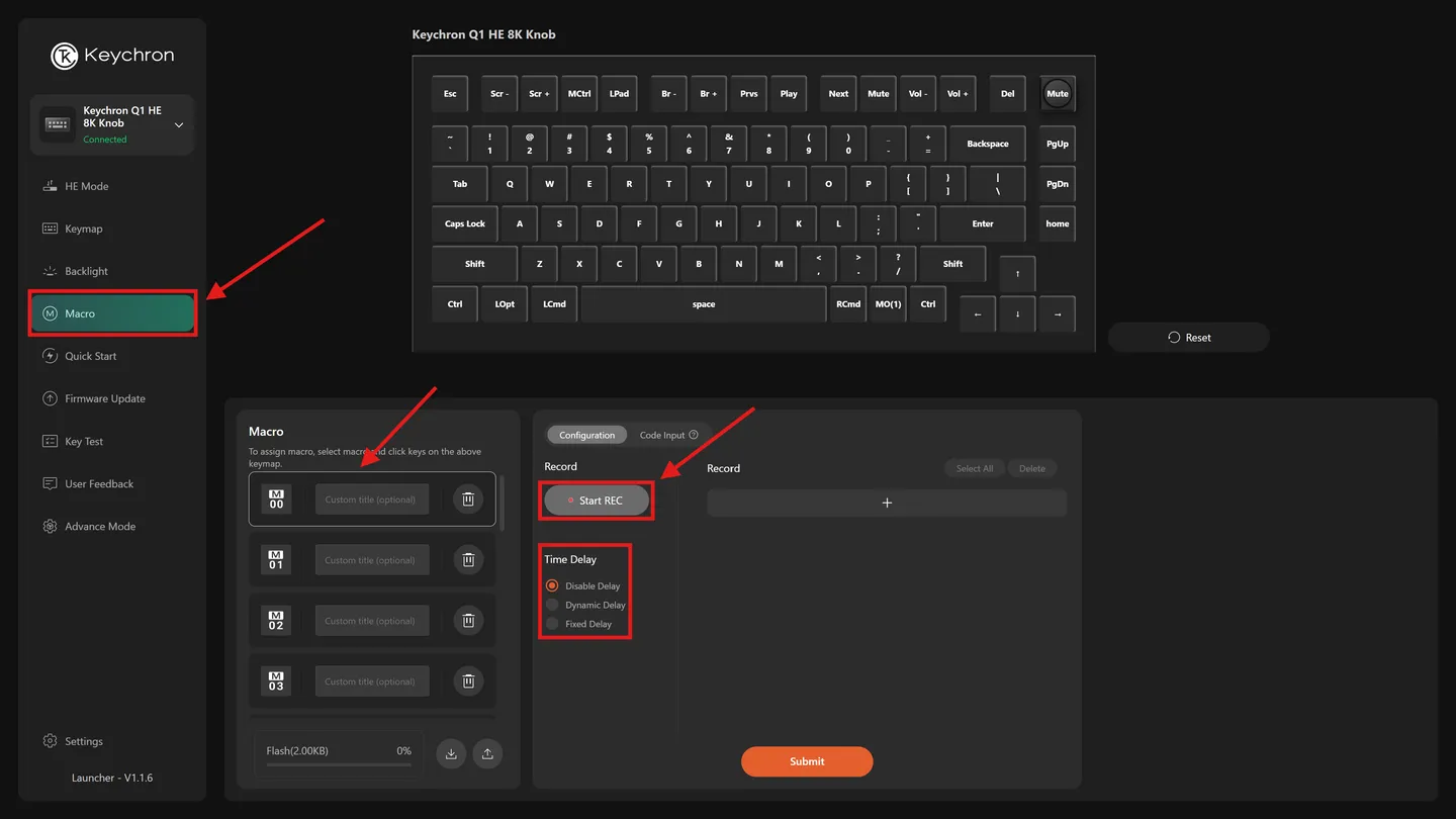 Tela Macro do Launcher com os espaços M0, M1 e M2 e o botão Start REC