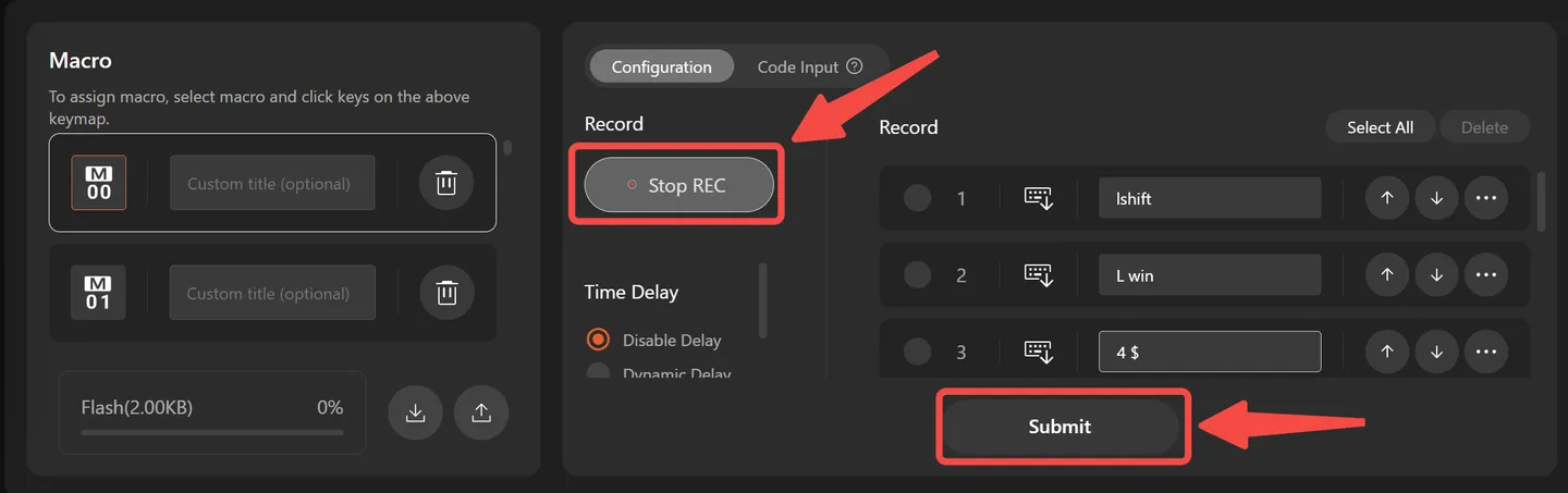 Macro gravada com a sequência Shift, Command e 4 e os botões Stop REC e Submit