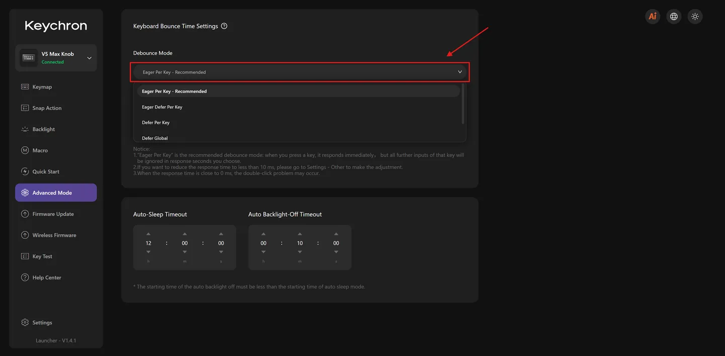 Lista do Debounce Mode aberta, com Eager Per Key marcado como recomendado