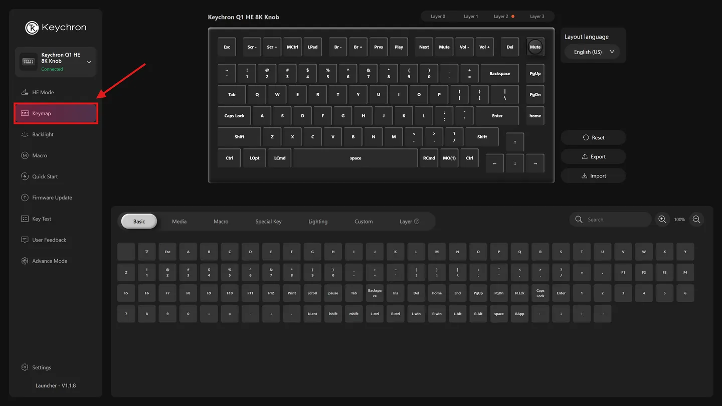 Tela Keymap do Launcher com uma tecla selecionada em vermelho e a lista de funções embaixo