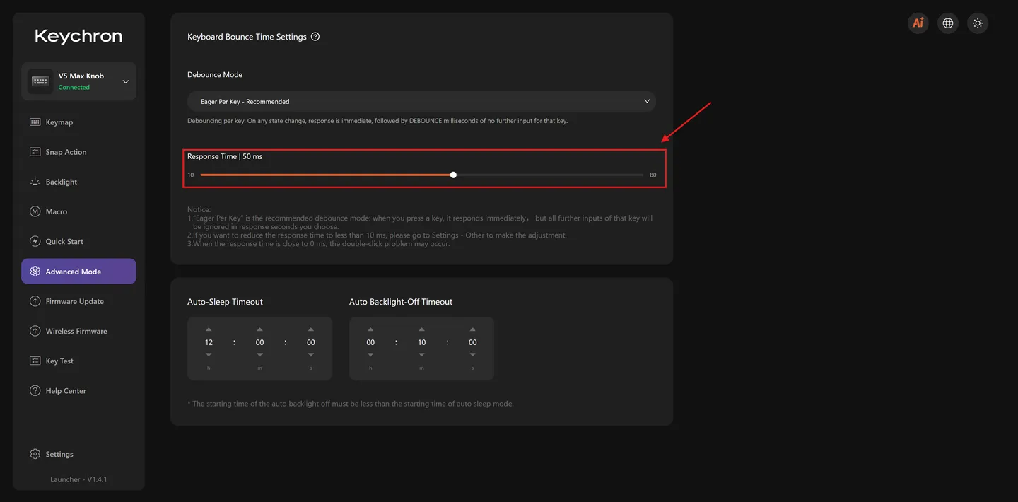 Controle deslizante de Response Time no Launcher, ajustado em 50 ms