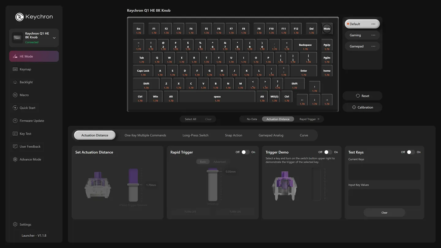 Tela HE Mode do Keychron Launcher com o teclado virtual